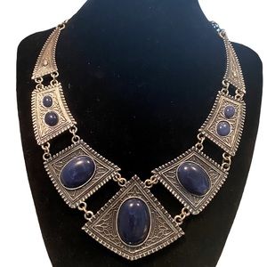 Mixed metal antique silver Reversible Statement necklace with dark blue accent